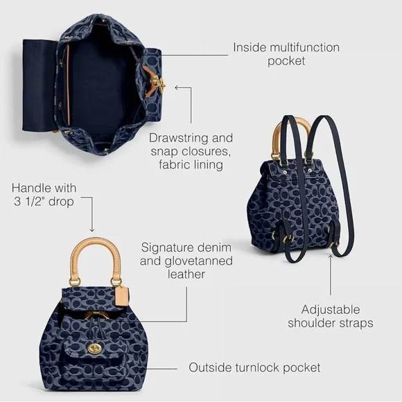 Coach Women's Riya Backpack, Blue, Medium, Coach Dust Bag, NWOT